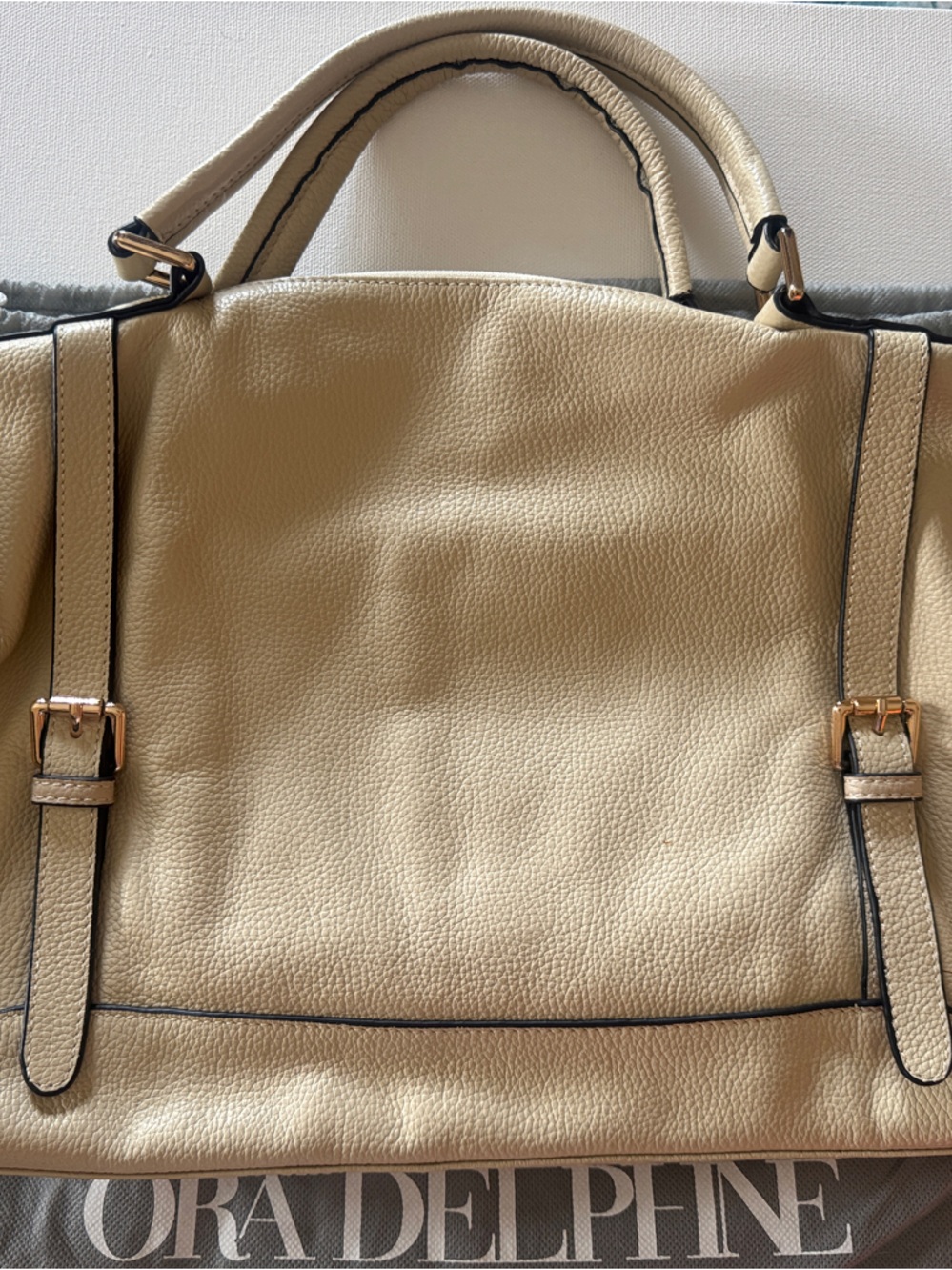 Cream Leather Tote Handbag with Gold Accents